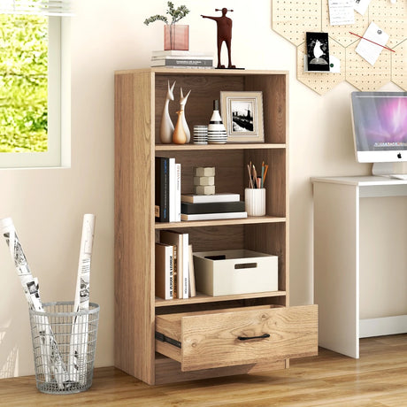 4-Tier Storage Bookcase with Open Shelves Drawer and Anti-toppling Device-Natural