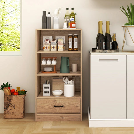 4-Tier Storage Bookcase with Open Shelves Drawer and Anti-toppling Device-Natural