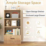 4-Tier Storage Bookcase with Open Shelves Drawer and Anti-toppling Device-Natural