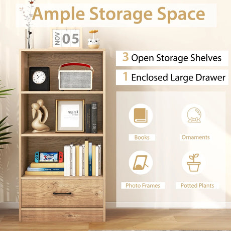 4-Tier Storage Bookcase with Open Shelves Drawer and Anti-toppling Device-Natural