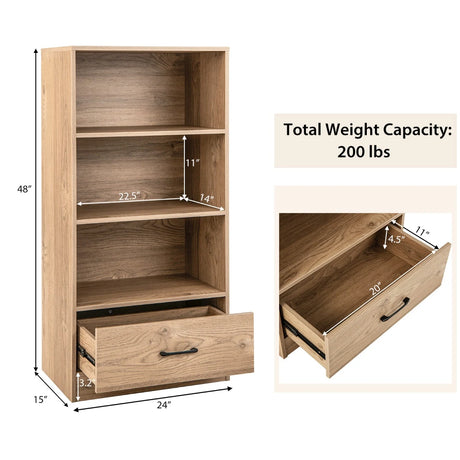 4-Tier Storage Bookcase with Open Shelves Drawer and Anti-toppling Device-Natural