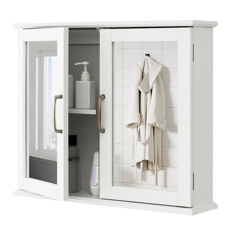 2-Tier Bathroom Wall-Mounted Mirror Storage Cabinet with Handles-White
