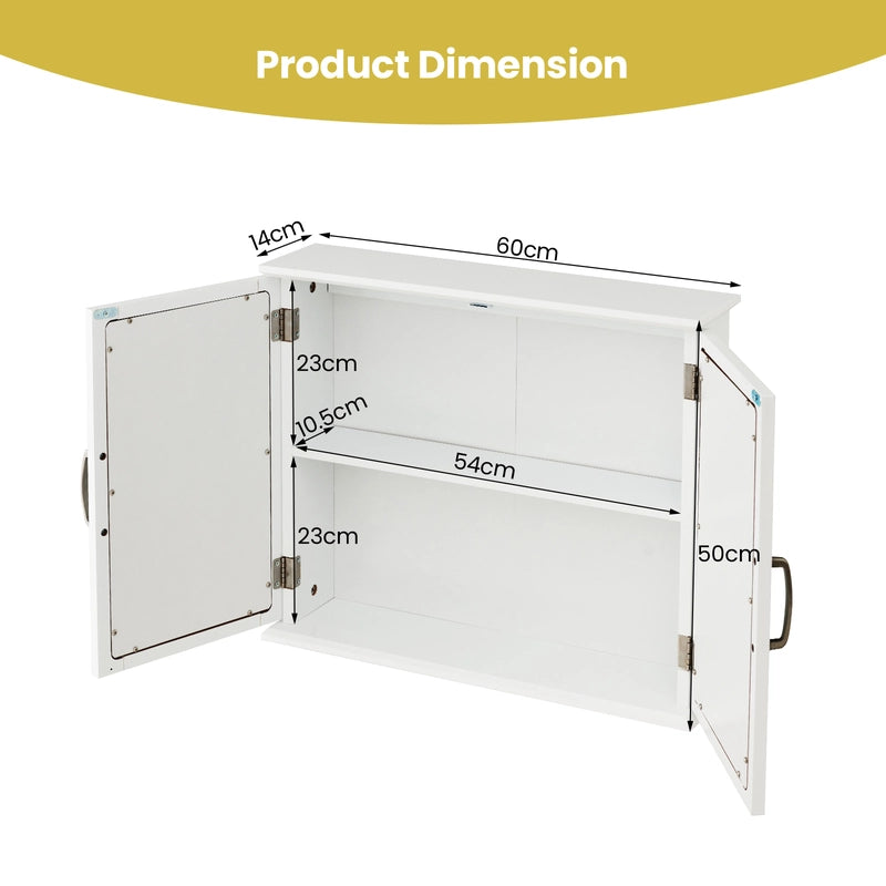2-Tier Bathroom Wall-Mounted Mirror Storage Cabinet with Handles-White