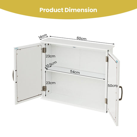 2-Tier Bathroom Wall-Mounted Mirror Storage Cabinet with Handles-White