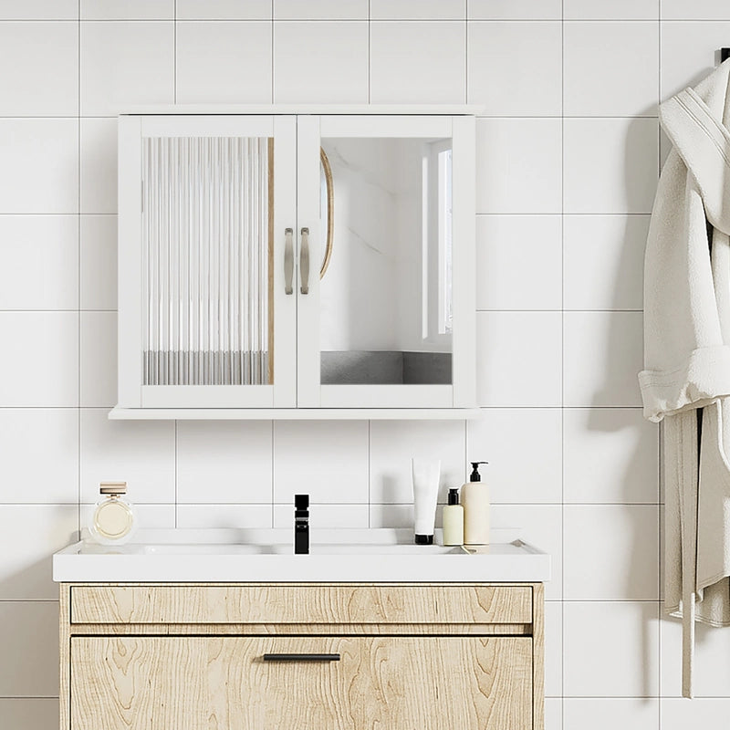 2-Tier Bathroom Wall-Mounted Mirror Storage Cabinet with Handles-White
