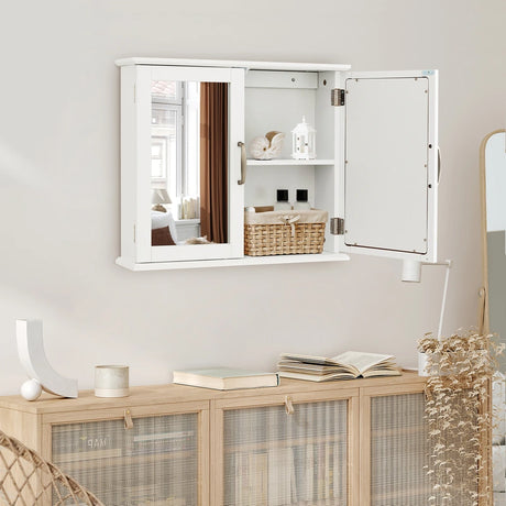 2-Tier Bathroom Wall-Mounted Mirror Storage Cabinet with Handles-White