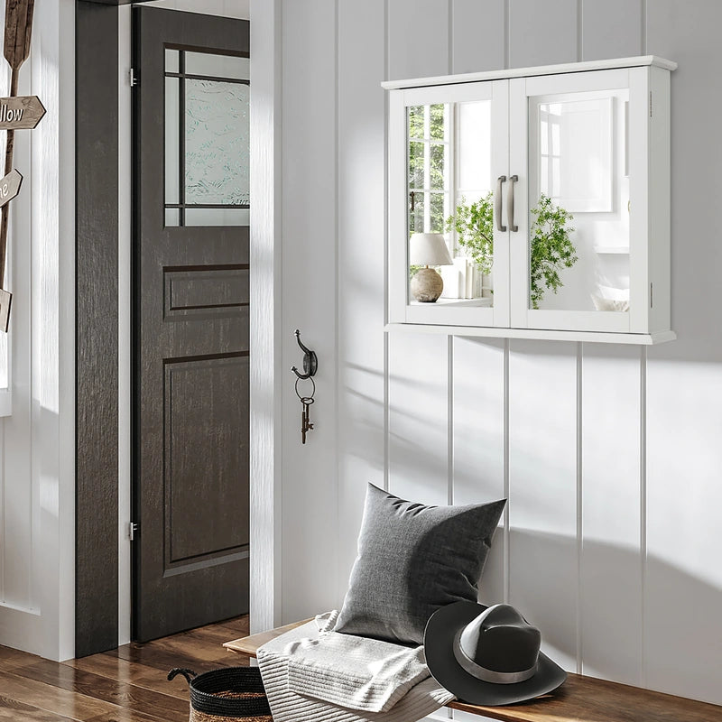 2-Tier Bathroom Wall-Mounted Mirror Storage Cabinet with Handles-White