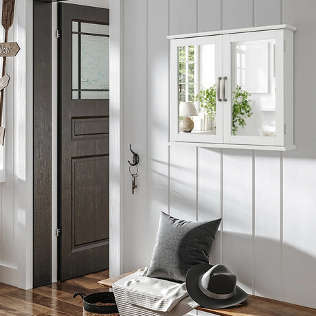 2-Tier Bathroom Wall-Mounted Mirror Storage Cabinet with Handles-White
