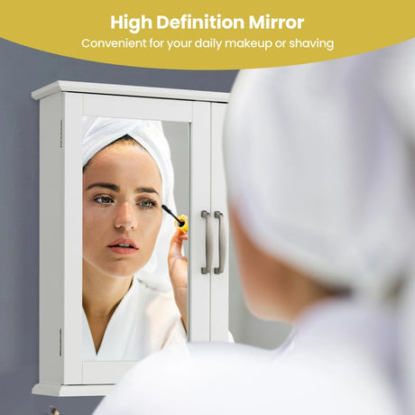 2-Tier Bathroom Wall-Mounted Mirror Storage Cabinet with Handles-White