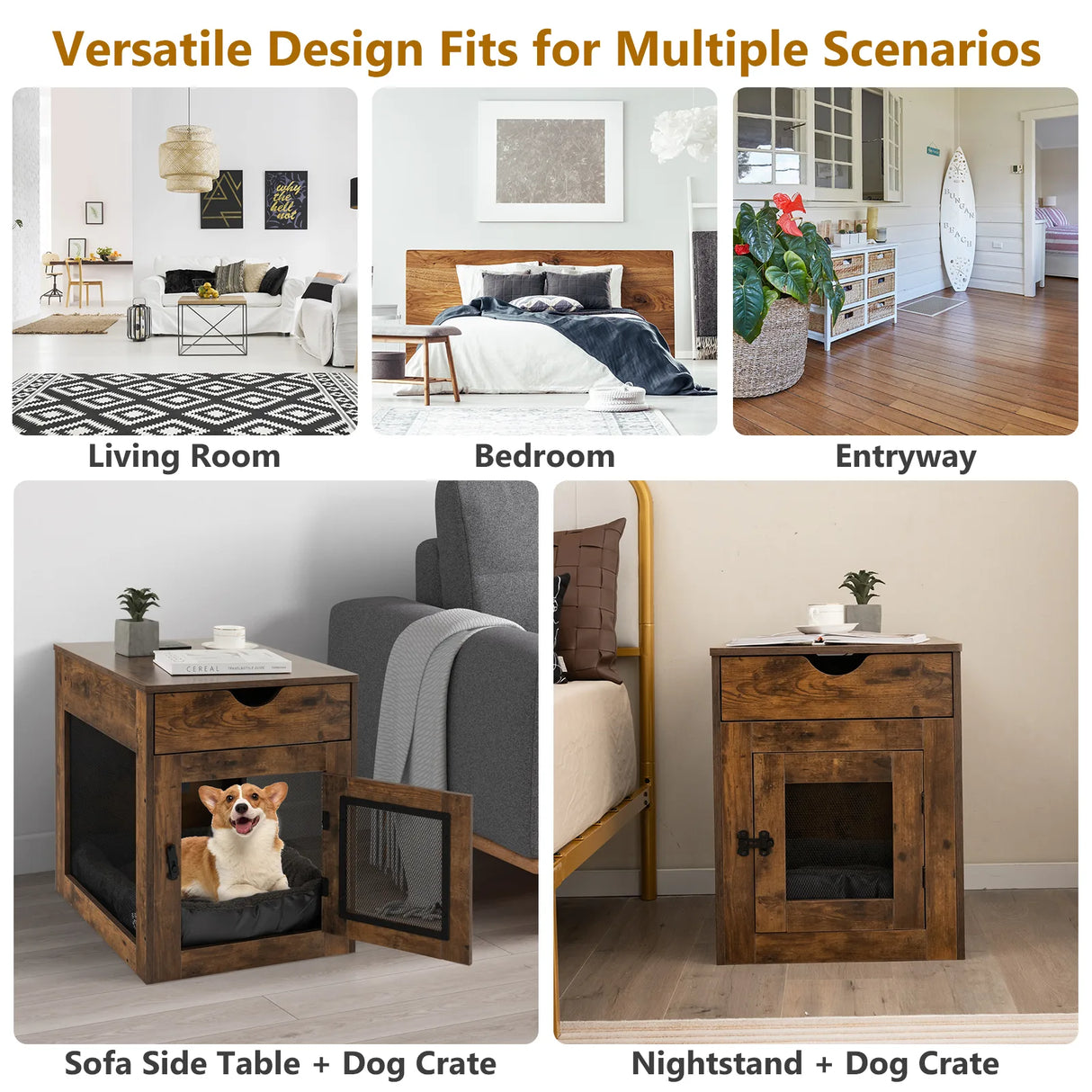 Wooden Dog Crate with Wireless Charger for Small Dogs-Brown