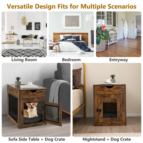 Wooden Dog Crate with Wireless Charger for Small Dogs-Brown