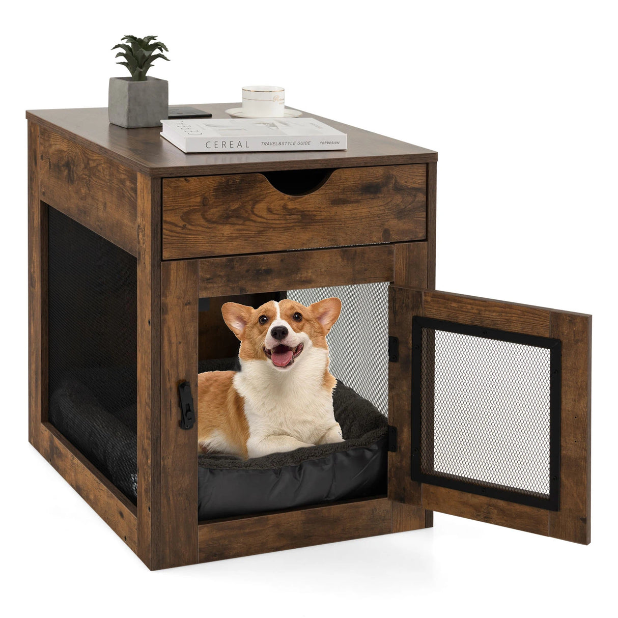 Wooden Dog Crate with Wireless Charger for Small Dogs-Brown