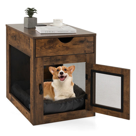 Wooden Dog Crate with Wireless Charger for Small Dogs-Brown