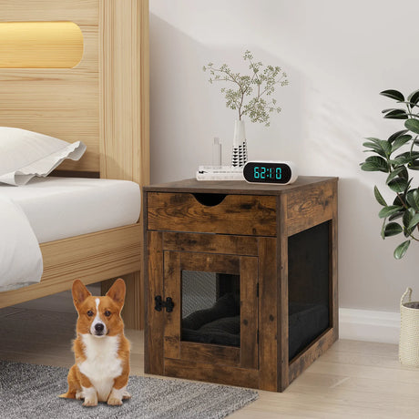 Wooden Dog Crate with Wireless Charger for Small Dogs-Brown
