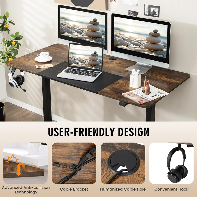 Height Adjustable Home Office Computer Desk with Headphone Hook-Brown