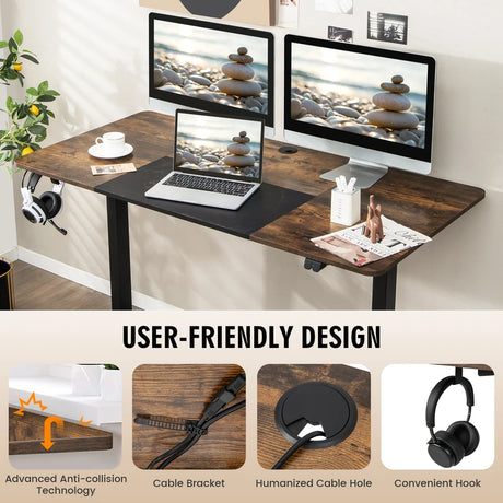 Height Adjustable Home Office Computer Desk with Headphone Hook-Brown