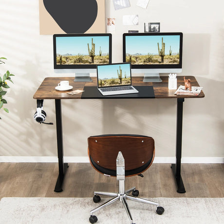 Height Adjustable Home Office Computer Desk with Headphone Hook-Brown