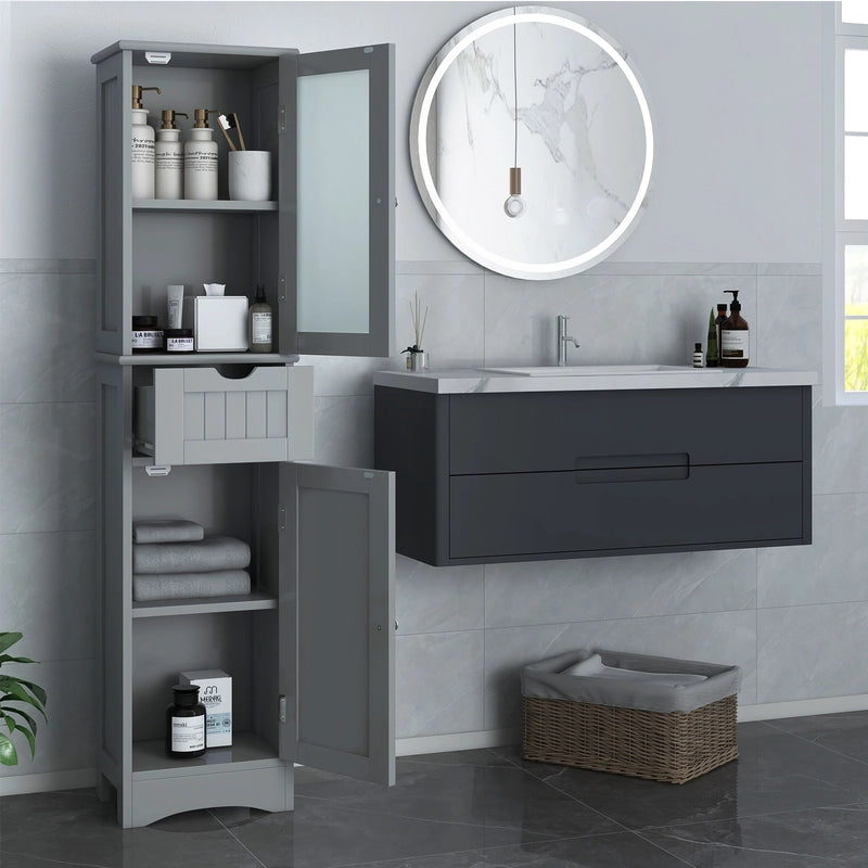 Tall Floor Storage Cabinet with 2 Doors and 1 Drawer for Bathroom-Gray