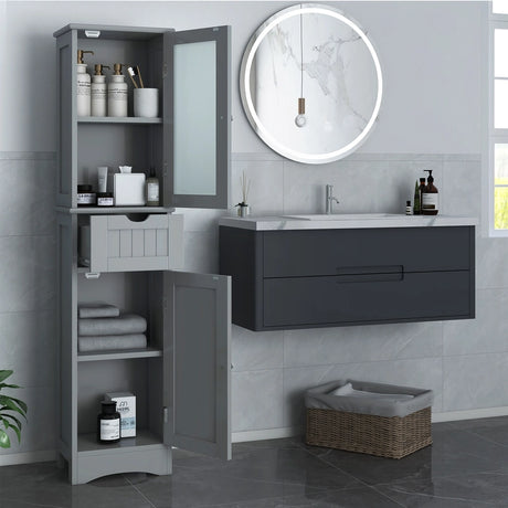 Tall Floor Storage Cabinet with 2 Doors and 1 Drawer for Bathroom-Gray