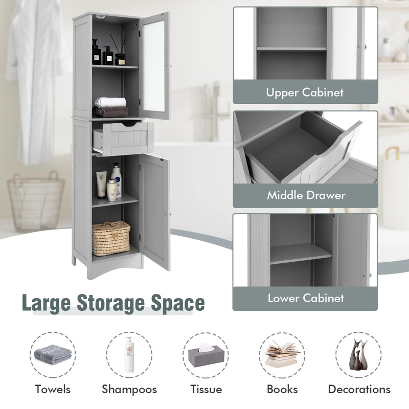 Tall Floor Storage Cabinet with 2 Doors and 1 Drawer for Bathroom-Gray