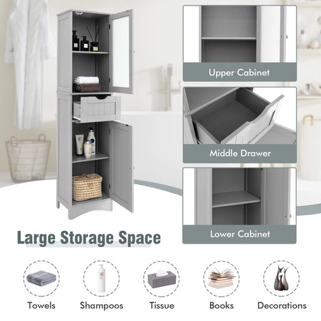 Tall Floor Storage Cabinet with 2 Doors and 1 Drawer for Bathroom-Gray