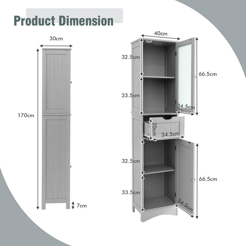 Tall Floor Storage Cabinet with 2 Doors and 1 Drawer for Bathroom-Gray