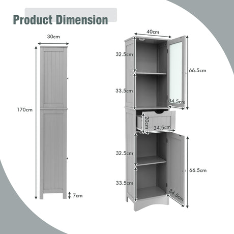 Tall Floor Storage Cabinet with 2 Doors and 1 Drawer for Bathroom-Gray