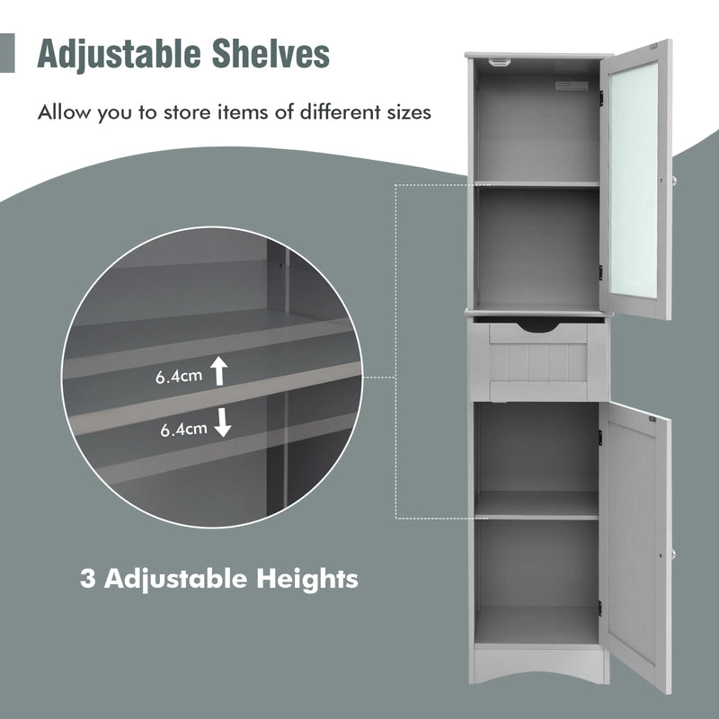 Tall Floor Storage Cabinet with 2 Doors and 1 Drawer for Bathroom-Gray