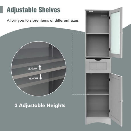 Tall Floor Storage Cabinet with 2 Doors and 1 Drawer for Bathroom-Gray