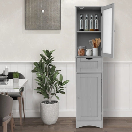 Tall Floor Storage Cabinet with 2 Doors and 1 Drawer for Bathroom-Gray