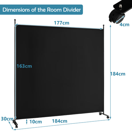 6 Feet Single Panel Rolling Room Divider with Smooth Wheels