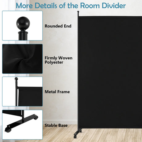 6 Feet Single Panel Rolling Room Divider with Smooth Wheels