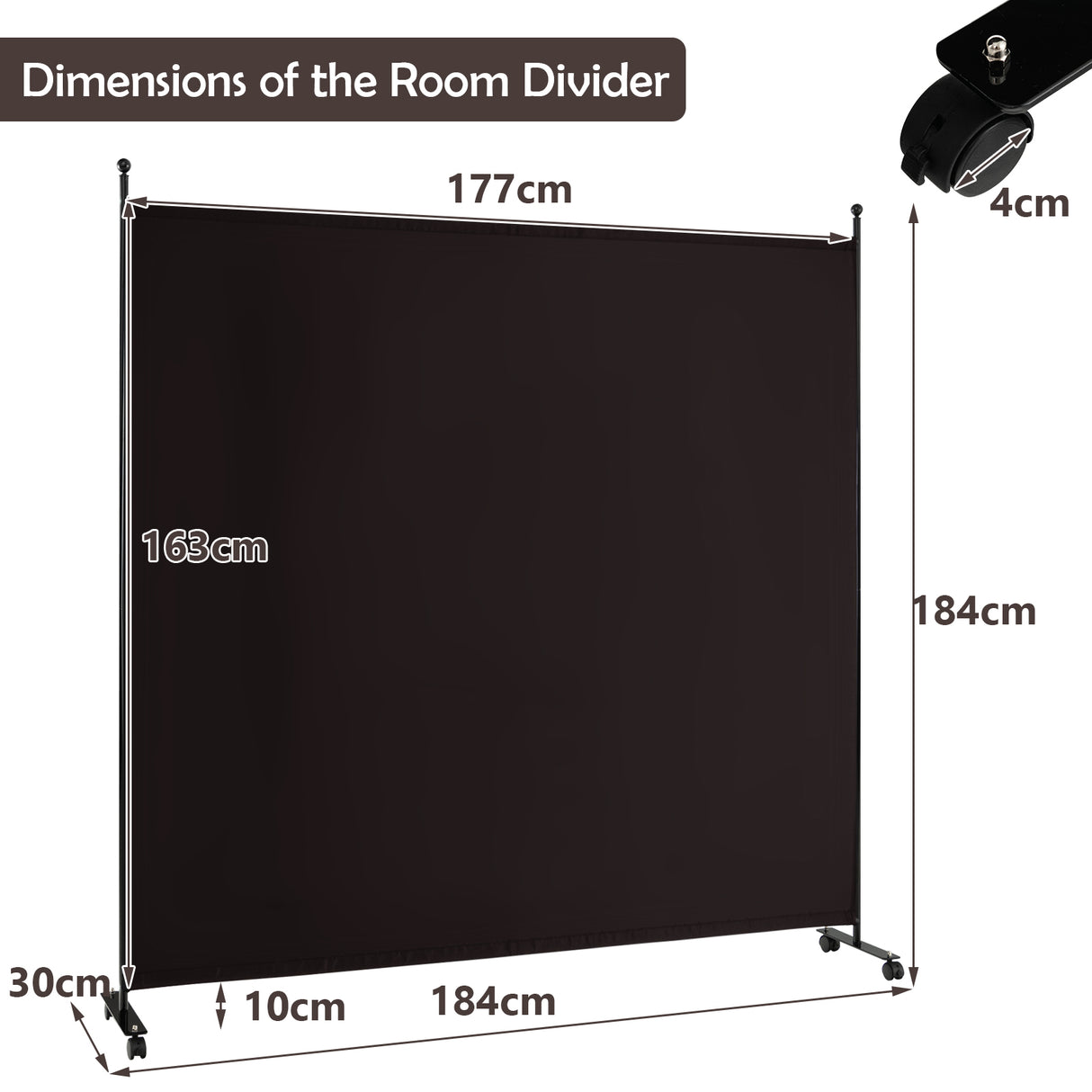 6 Feet Single Panel Rolling Room Divider with Smooth Wheels-Brown