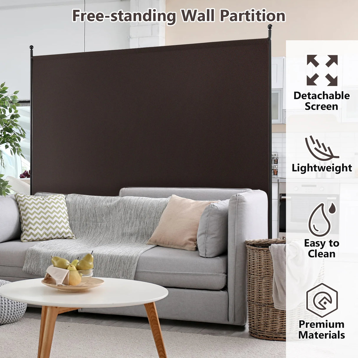 6 Feet Single Panel Rolling Room Divider with Smooth Wheels-Brown