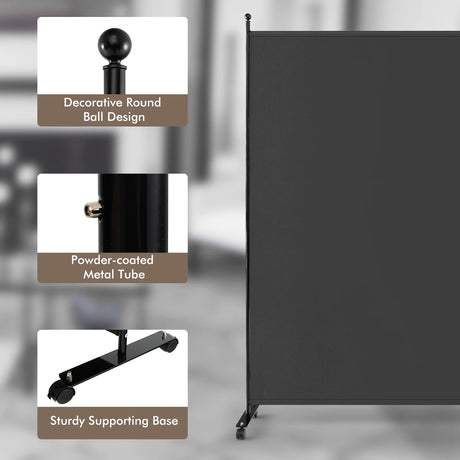 Single Panel Rolling Room Divide rwith Wheels-Grey