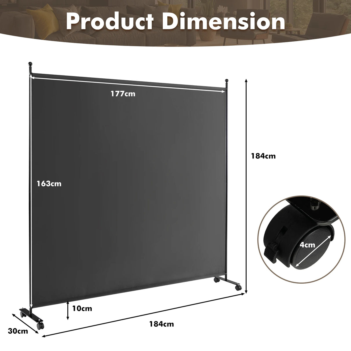 Single Panel Rolling Room Divide rwith Wheels-Grey