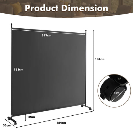 Single Panel Rolling Room Divide rwith Wheels-Grey