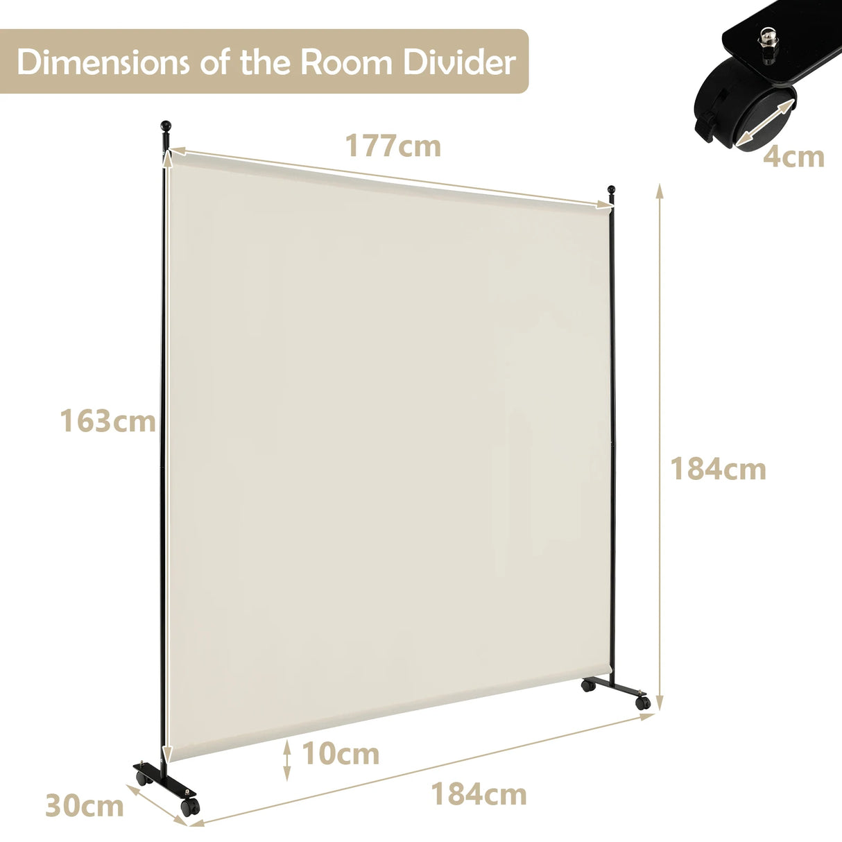 6 Feet Single Panel Rolling Room Divider with Smooth Wheels-White