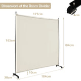 6 Feet Single Panel Rolling Room Divider with Smooth Wheels-White