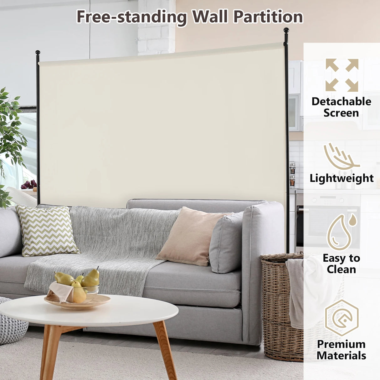 6 Feet Single Panel Rolling Room Divider with Smooth Wheels-White