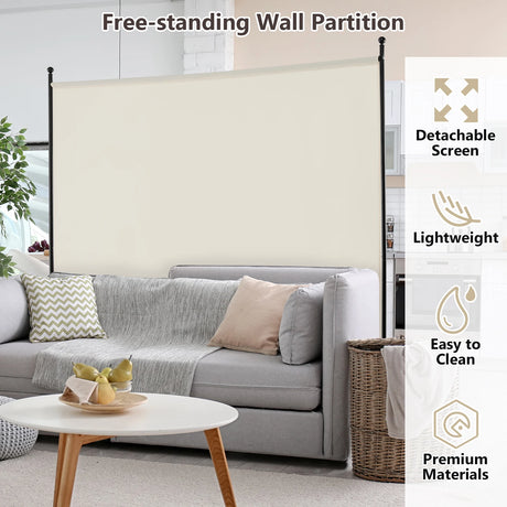6 Feet Single Panel Rolling Room Divider with Smooth Wheels-White