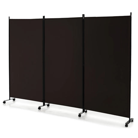3 Panel Folding Room Divider with Lockable Wheels-Brown