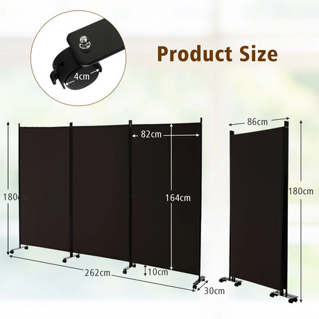 3 Panel Folding Room Divider with Lockable Wheels-Brown