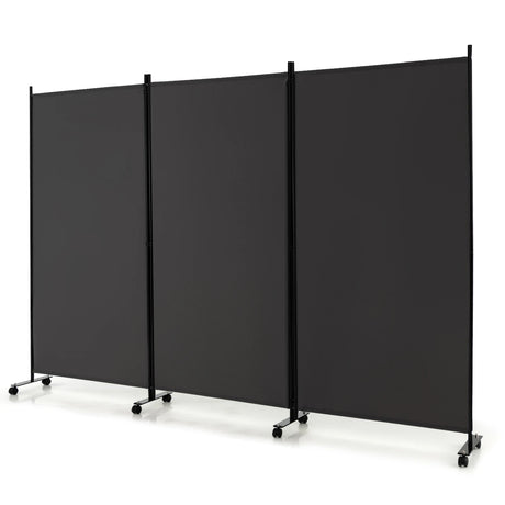 3 Panel Folding Room Divider with Lockable Wheels-Gray