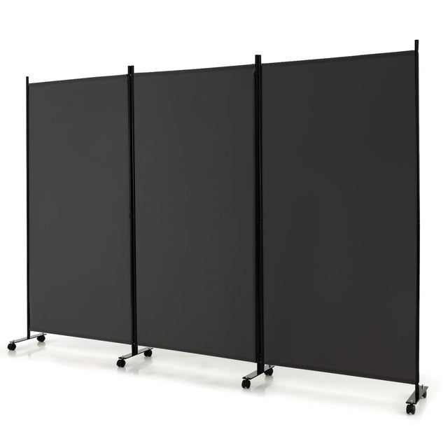 3 Panel Folding Room Divider with Lockable Wheels-Gray