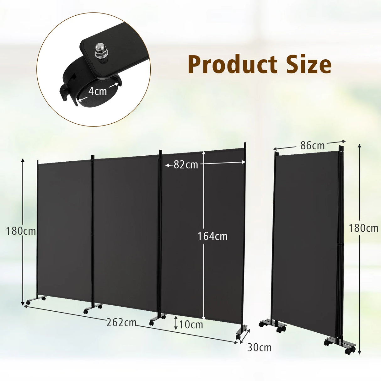 3 Panel Folding Room Divider with Lockable Wheels-Gray