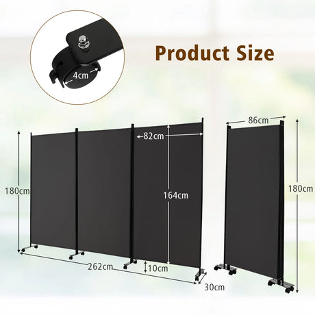 3 Panel Folding Room Divider with Lockable Wheels-Gray