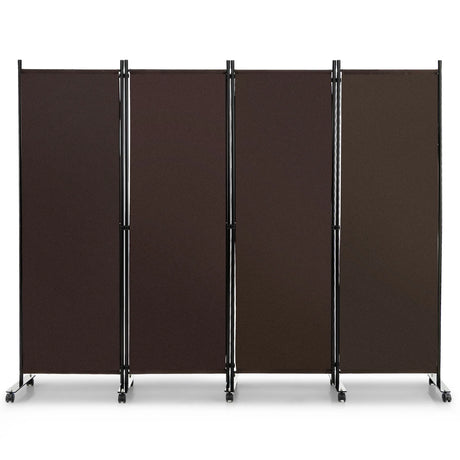 4-Panel Folding Room Divider 6 Feet Rolling Privacy Screen with Lockable Wheels-Brown