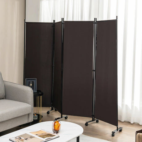 4-Panel Folding Room Divider 6 Feet Rolling Privacy Screen with Lockable Wheels-Brown