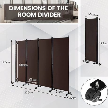4-Panel Folding Room Divider 6 Feet Rolling Privacy Screen with Lockable Wheels-Brown